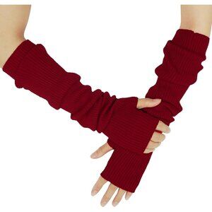 Women's Wine Soft Cozy Arm Winter Warmers Fingerless Knitted Long Gloves